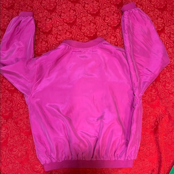 100% Silk Vibrant Pink Bomber Jacket with Zip-Front Closure -L - Picture 5 of 5